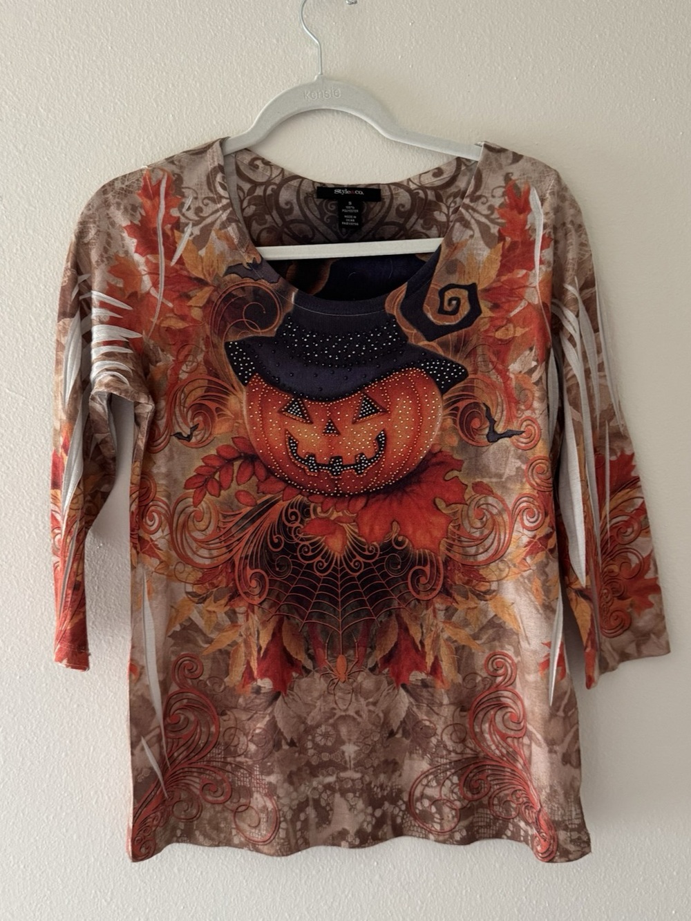 Style & Co Halloween Pumpkin Witch Hat Long-Sleeve Bling Top
